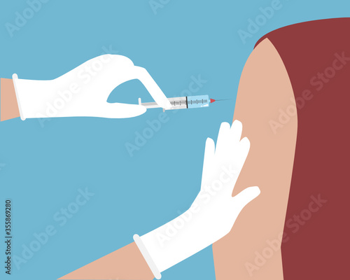 Doctor hands holding syringe vaccine ready to injecting to patient's arm. Vector Illustration. Isolated on white background. Idea for vaccine/ serum and medical healthcare.