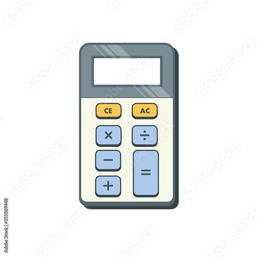 Standard portable electronic calculator. Bright colors with simple shapes and flat shading. Small representation with basic mathematical functions.