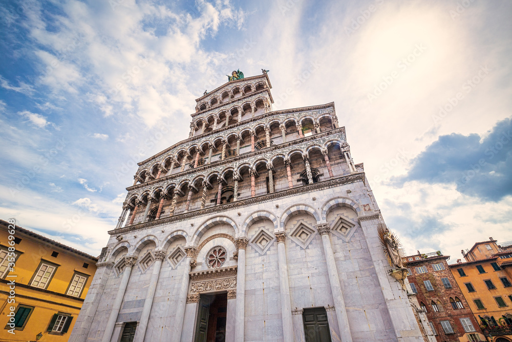 San Michele in Foro, a roman catholic basilica church in Lucca town, in an ancient city in the Tuscany region of Italy, Europe.