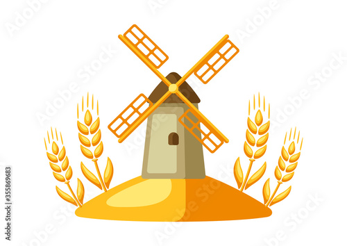 Illustration of grain mill with ripe wheat ears.