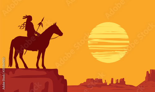 Vector landscape with wild American prairies and silhouette of a lone Indian on horseback with spear at orange sunset. Decorative illustration on the theme of the Wild West. Western vintage background