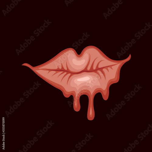Vector banner with a sexy female mouth that drips drops on a black background. A sensual mouth with an inviting, flirtatious smile. Wet, juicy lips of a young girl or woman. T-shirt or tattoo design