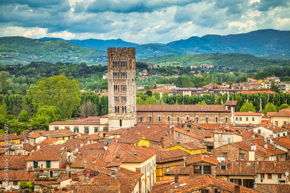 Top view on historic centre of Lucca city in Tuscany, Italy, Europe.