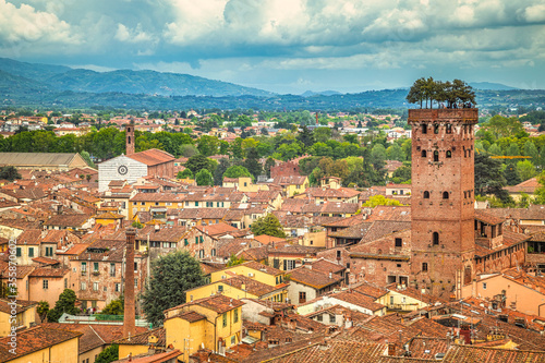 Top view on historic centre of Lucca city in Tuscany, Italy, Europe.