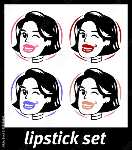 beautiful girl with bob hairstyle head wink sign lipstick set