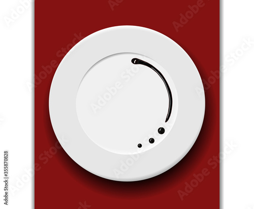 Gourmet plate dressing sauce decoration. Balsamic glaze garnish stripe of soya sauce on a plate. Vector illustration. Restaurant realistic plate on table