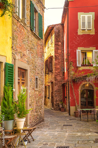 Street with historic houses in Montecatini Alto - medieval village above Montecatini Terme town in Tuscany  Italy  Europe.