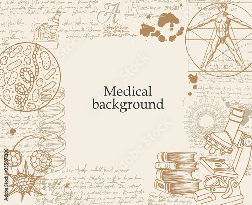 Medical background with sketches, doodles, illegible entries, notes and place for text. Hand-drawn vector illustration in retro style on the theme of medicine, chemistry, biology, genetics.