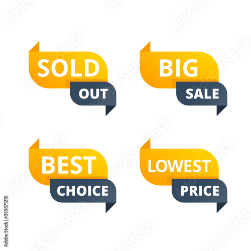 Tag in yellow and gray ribbon form with different text - special offer, best choice, big sale and lowest price - for sticker, button, billet and other promo