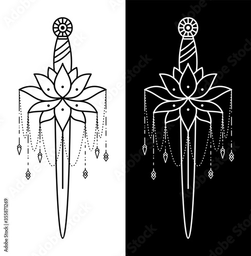 dagger tattoo, monoline tattoo design geometry