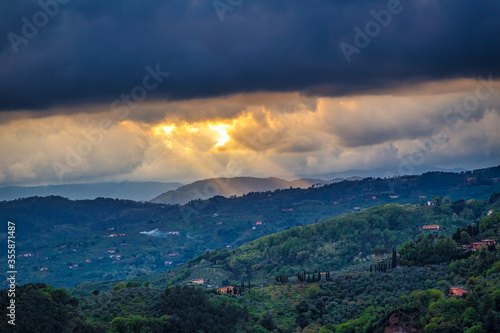 Sunset in landscape above Montecatini Terme town in Tuscany, Italy, Europe.