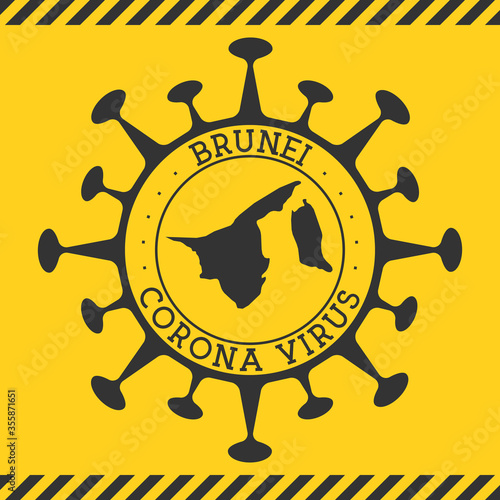 Coronavirus in Brunei sign. Round badge with shape of virus and Brunei map. Yellow country epidemic lockdown stamp. Vector illustration.