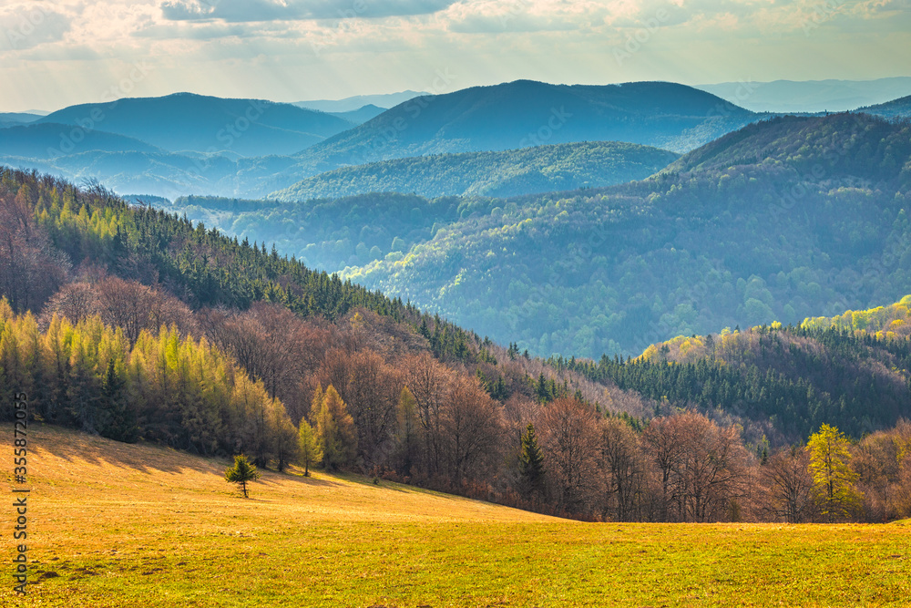 Landscape with hills covered with forests. The Strazov mountains  in Slovakia, Europe.