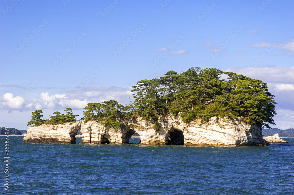 Islands outside Matsushima, Japan with four caves and pine trees on the rock Island