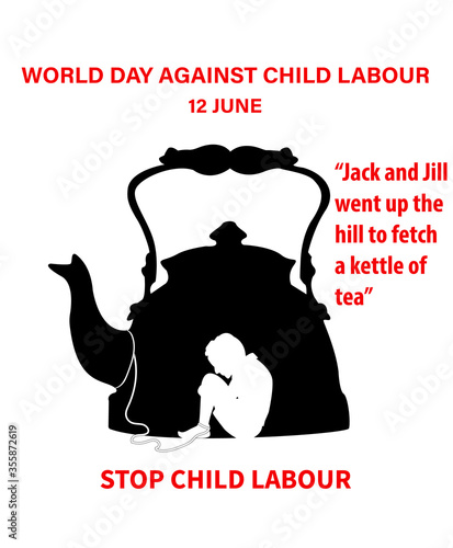 World day against child labour vector. a tea kettle in which a child labour tied with rope silhouette. destroyed childhood vector.