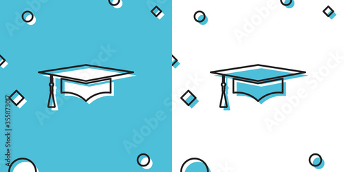 Black Graduation cap icon isolated on blue and white background. Graduation hat with tassel icon. Random dynamic shapes. Vector Illustration