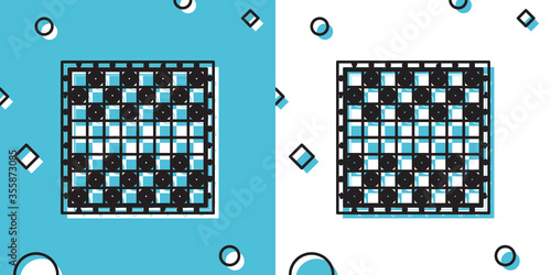 Black Board game of checkers icon isolated on blue and white background. Ancient Intellectual board game. Chess board. White and black chips. Random dynamic shapes. Vector Illustration