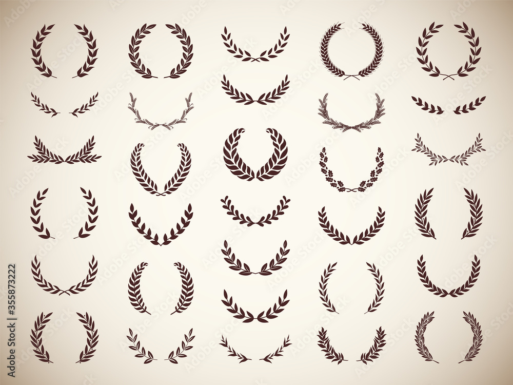 Collection of different golden silhouette laurel foliate and wheat wreaths depicting an award, achievement, heraldry, nobility, emblem. Vector illustration. Collection of different golden silhouette laurel foliate and wheat wreaths depicting an award, achievement, heraldry, nobility, emblem. Vector illustration.