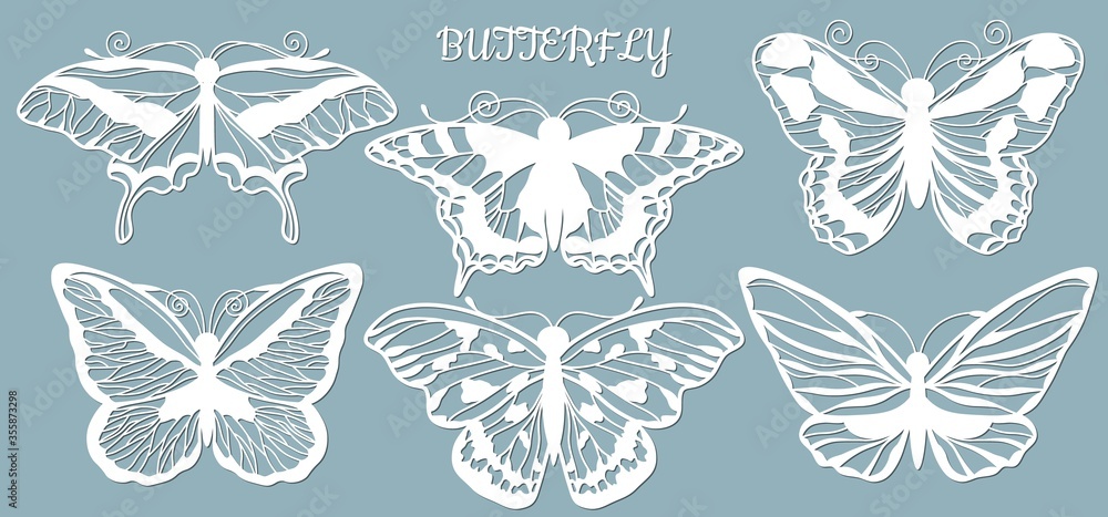 Image with the inscription-butterfly. Set. Butterfly template for laser cutting, plotter and scrapbooking. Production, design and decoration of postcards, as well as crafts made of paper, wood  - obrazy, fototapety, plakaty 
