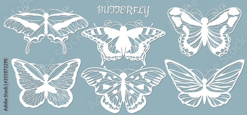 Image with the inscription-butterfly. Set. Butterfly template for laser cutting, plotter and scrapbooking. Production, design and decoration of postcards, as well as crafts made of paper, wood 