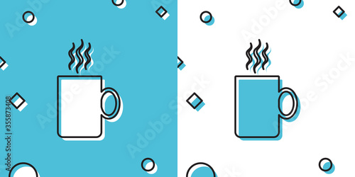 Black Coffee cup flat icon isolated on blue and white background. Tea cup. Hot drink coffee. Random dynamic shapes. Vector Illustration