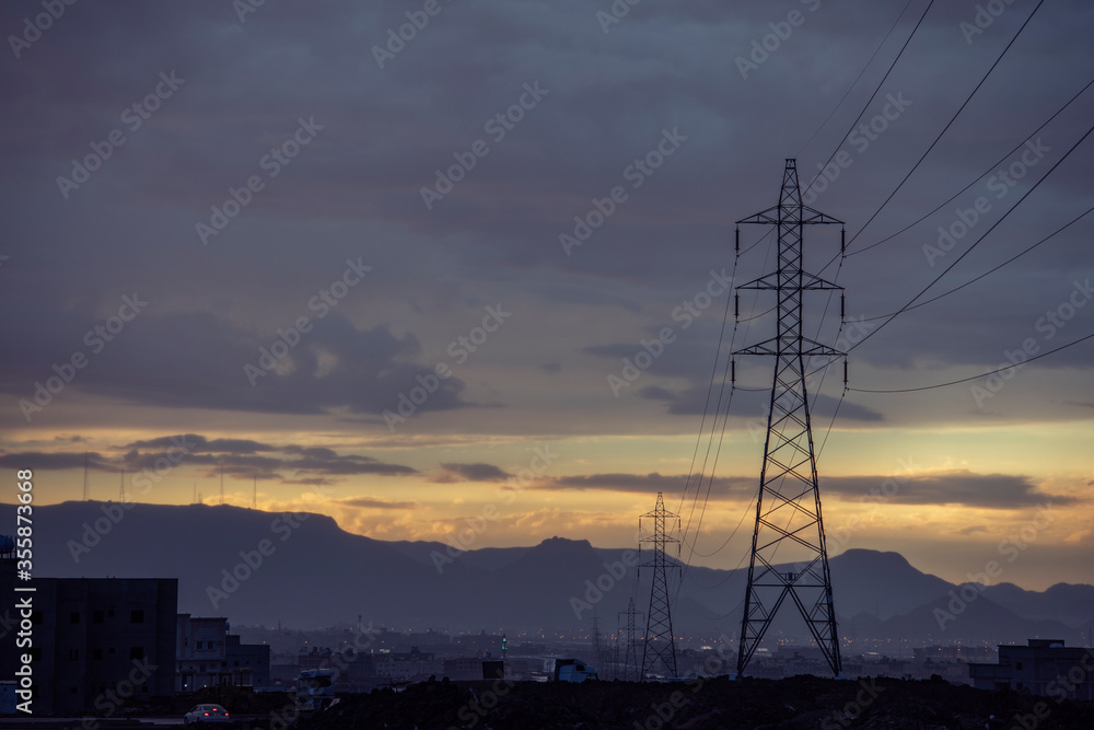 power lines at sunset