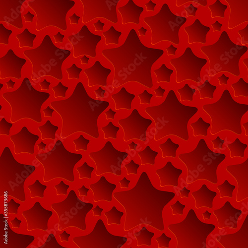 Seamless red background from a sheet with many holes of rounded stars with shadows in them.