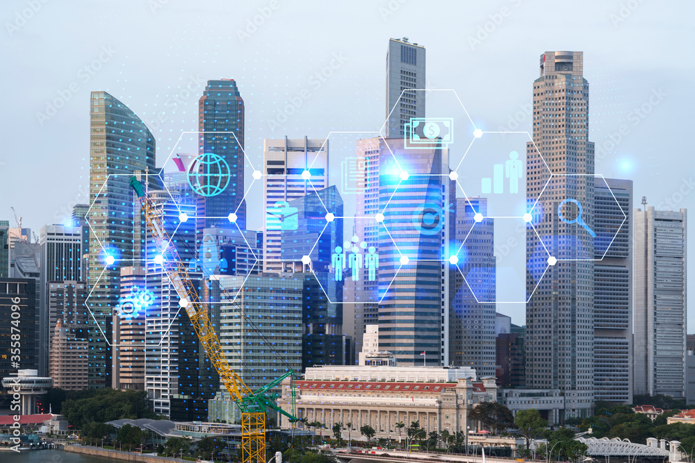 Research and development hologram over panorama city view of Singapore, hub of new technologies to optimize business in Asia. Concept of exceeding opportunities. Double exposure.