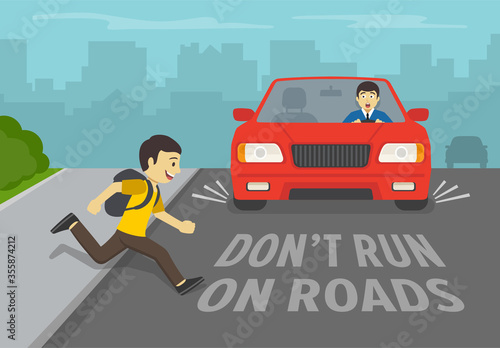 Young boy running onto road. Driver stops his car immediately. Don't run on road. Flat vector illustration.