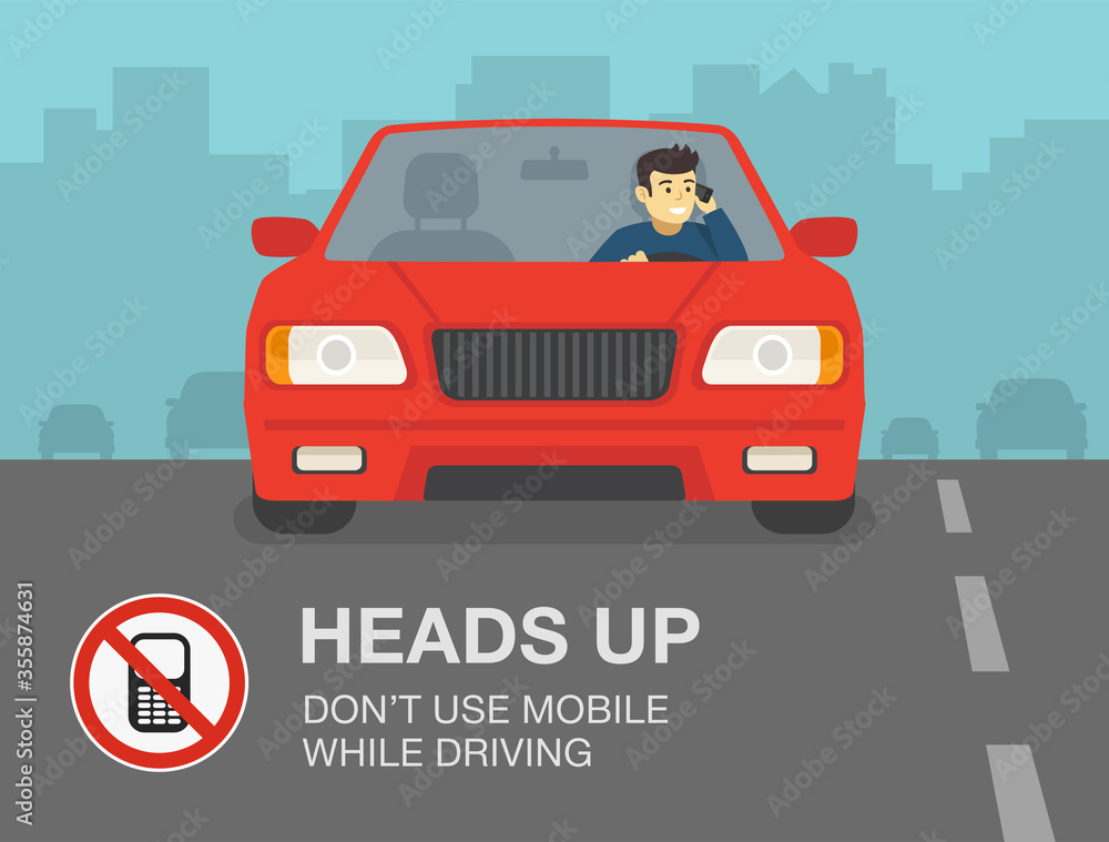 Don't use mobile while driving a car. Young man talking on the phone. Flat vector illustration Don't use mobile while driving a car. Young man talking on the phone. Flat vector illustration