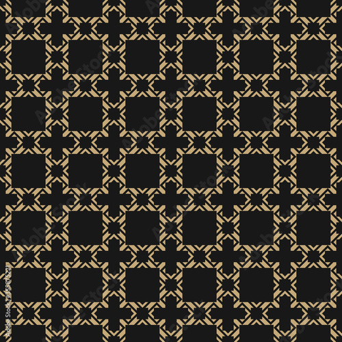 Golden vector abstract geometric seamless pattern in oriental style. Gold and black background. Elegant Asian ornament. Luxury graphic texture with square grid, lattice, net, crosses. Repeat design