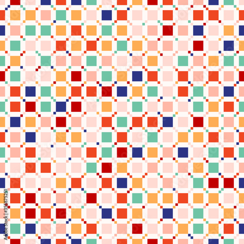 Vector geometric seamless pattern with small colorful squares. Pixel art. Cute funky childish texture. Simple abstract multicolor background. Modern repeat design for decor, wrapping, print, wallpaper