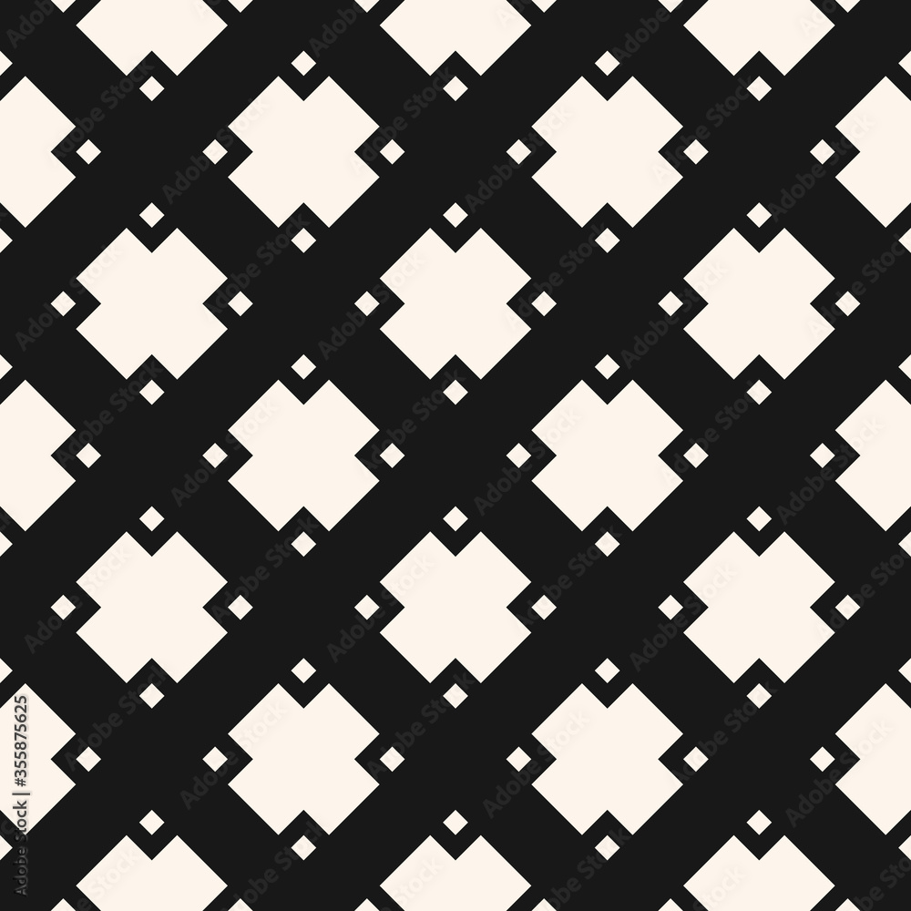 Vector monochrome geometric seamless pattern with diamonds, rhombuses, squares, grid, net, mesh, lattice, tiles. Abstract minimal texture. Simple black and white ornament background. Repeat design