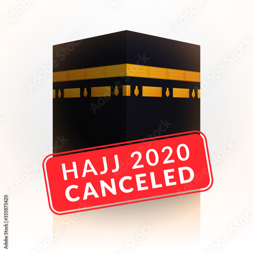 pilgrimage hajj 2020 canceled to avoid spread of covid-19 outbreak. lockdown city of mecca. Kaaba holy islamic building illustration.