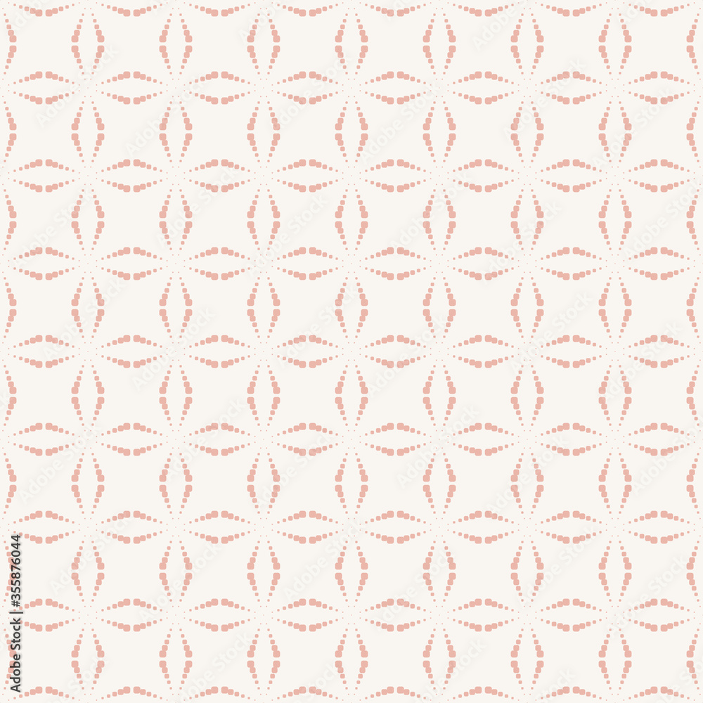 Vector seamless pattern with tiny dots. Simple pink and white geometric texture with dotted halftone crosses, small floral silhouettes, stars, grid. Abstract minimal background. Subtle repeat design Vector seamless pattern with tiny dots. Simple pink and white geometric texture with dotted halftone crosses, small floral silhouettes, stars, grid. Abstract minimal background. Subtle repeat design