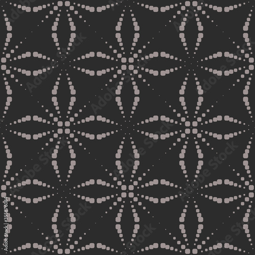 Vector seamless pattern with dots. Simple geometric texture with dotted halftone crosses, floral silhouettes, grid. Abstract minimal background in black and gray color. Modern repeat decorative design