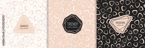 Vector seamless patterns set with stylish modern labels. Elegant abstract geometric texture with organic shapes. Trendy minimal background. Powdery pink, white, black color. Luxury design template