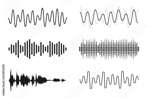 Set of sound waves. Analog and digital line waveforms. Musical sound waves, equalizer and recording concept. Electronic sound signal, voice recording