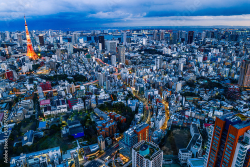 Gorgeous evening view of densely populated Tokyo Metropolis with Tokyo Tower