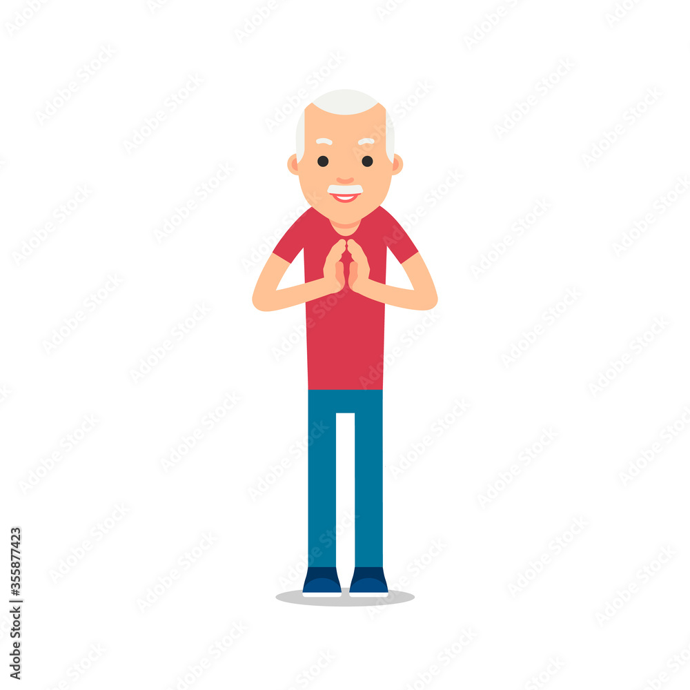Elderly man standing and makes greeting with his hands together to prevent transmission of viruses. Isolated vector illustration in flat style on white background. Namaste of european man