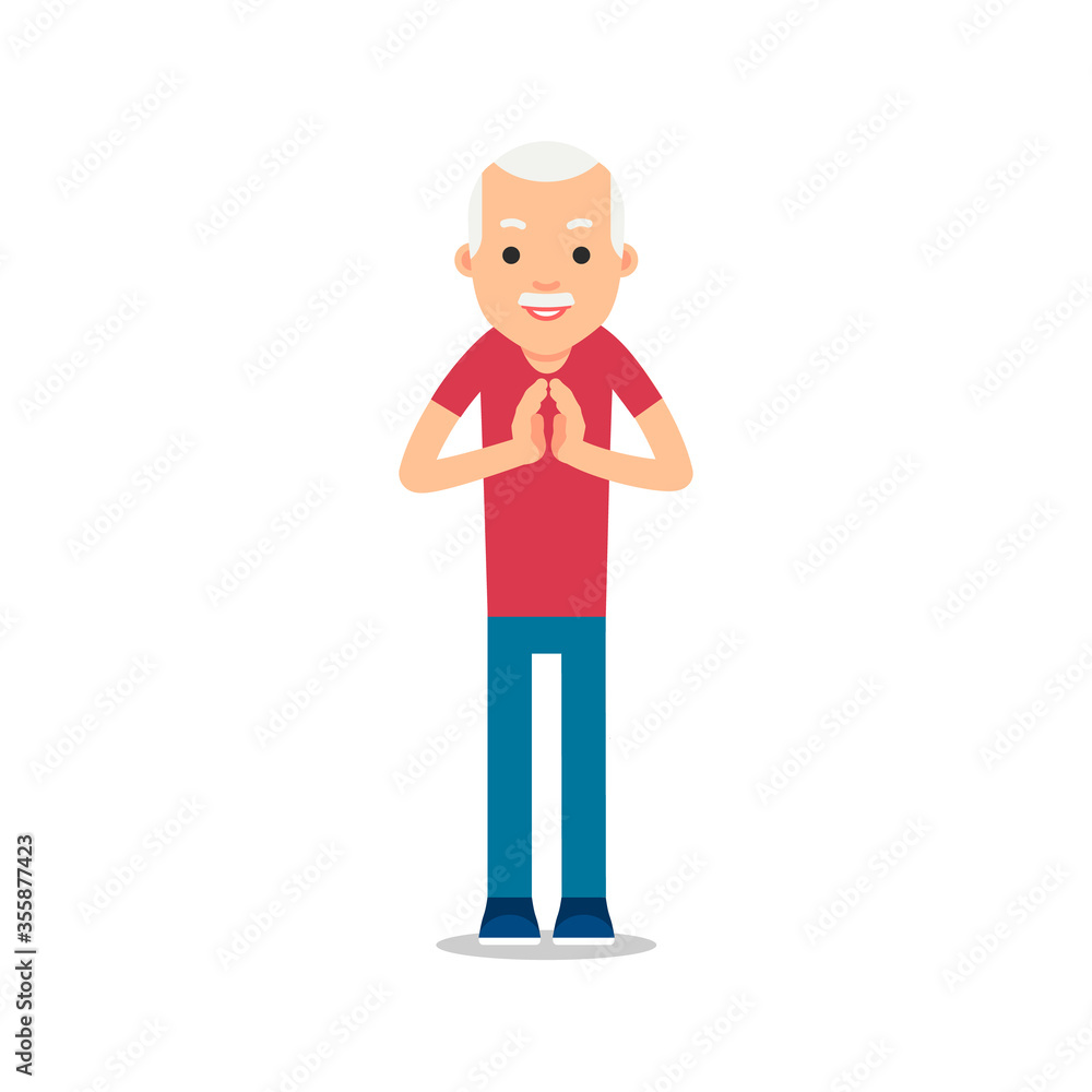 Elderly man standing and makes greeting with his hands together to prevent transmission of viruses. Isolated vector illustration in flat style on white background. Namaste of european man Elderly man standing and makes greeting with his hands together to prevent transmission of viruses. Isolated vector illustration in flat style on white background. Namaste of european man