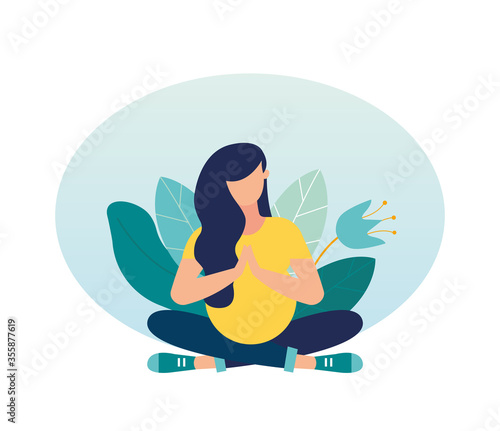 Vector illustration. yoga body health benefits, mind and emotions, pregnant woman in yoga pose meditates, preparation for childbirth.