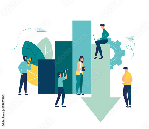 vector illustration. Investment management, the company is engaged in joint problem solving, sales decline, downward decline. 