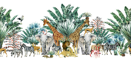 Fototapete Vintage botanische Landschaft Safari Tiere Dschungel Bordüre Vintage  © Елена Фаенкова
