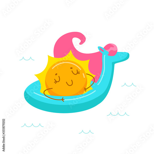 Kawaii Sun Character Floating on Inflatable Unicorn Mattress. Cute Cartoon Personage Summer Relax, Summertime Activity and Spare Time. T-shirt Print Isolated on White Background. Vector Illustration