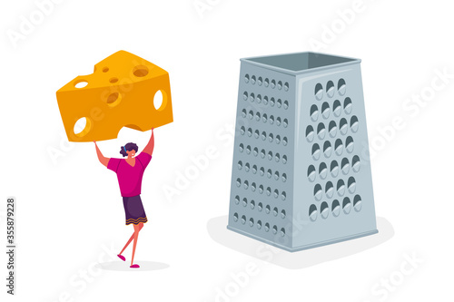 Tiny Female Character Grate Piece of Fresh Cheese on Huge Grater for Cooking Italian Pizza. Natural Farm Production, Culinary Ingredient, Origin Dairy Product Taste, Meal. Cartoon Vector Illustration