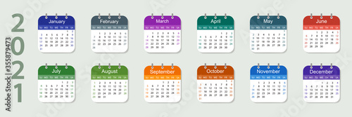 Calendar 2021. Week starts on Sunday.Colorful design on light background