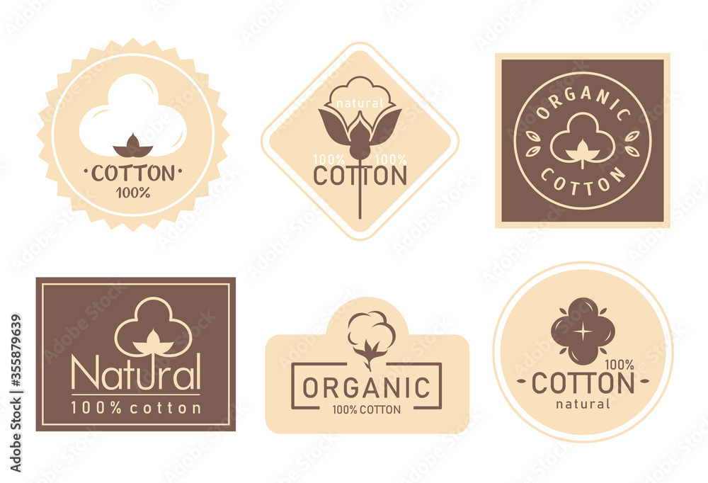 Organic cotton label vector illustration set. Mark logo icons collection with cottonseed branch plant symbol emblem, natural bio organic product, fabric quality fiber for knitting and textile industry