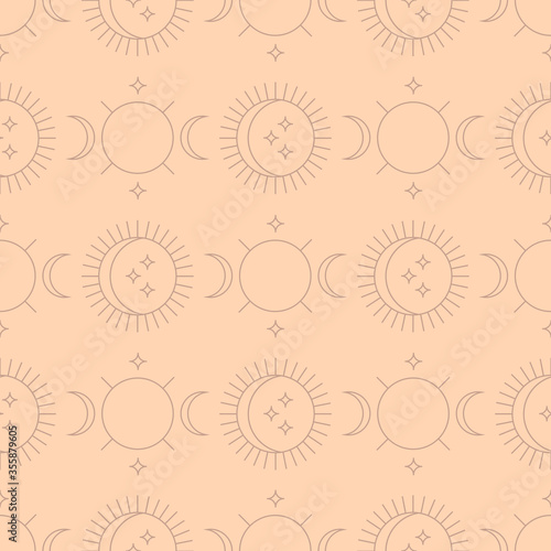 Abstract seamless pattern with sun and moon illustrations in line art style. Pastel colored background. Vector