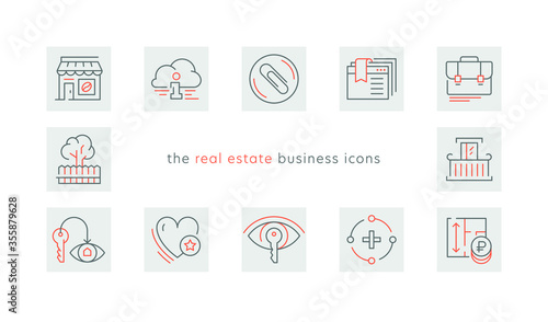 Vector set icons for real estate business in trendy minimal line style. Thin linear real estate sign for button UI, mobile app, website design. Contour plan apartment icon. Commercial estate symbols.